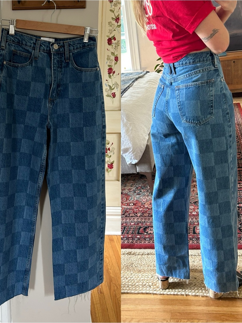 Frame checkered high rise wide leg cropped raw hem jeans